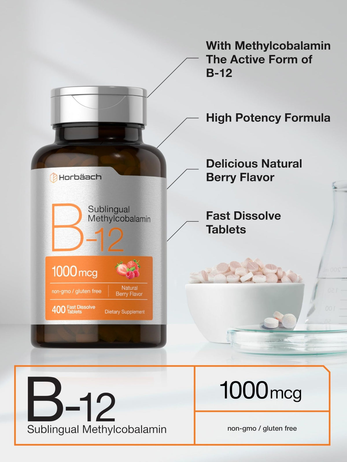 Horbaach Vitamin B12 1000 mcg Sublingual | 400 Fast Dissolve Tablets | Methylcobalamin Supplement for Women and Men - FENGGESTORE20