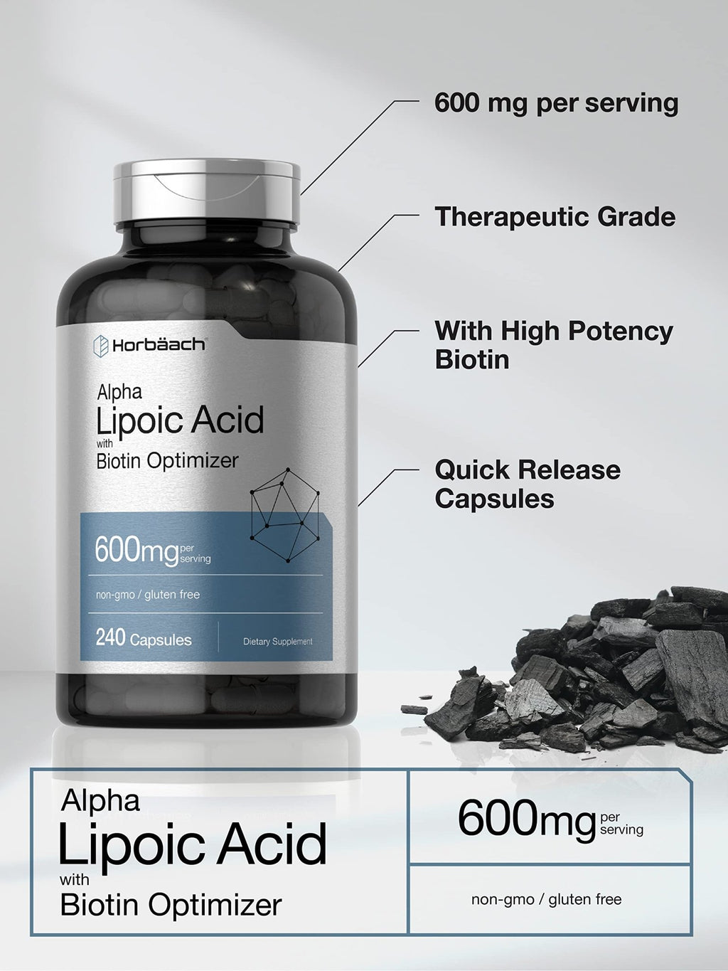 Horbäach Alpha Lipoic Acid 600mg | 240 Capsules | with Biotin Optimizer | Non-GMO and Gluten Free Supplement - FENGGESTORE20