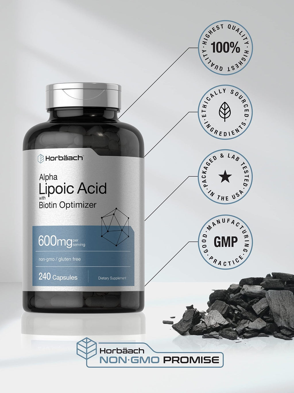 Horbäach Alpha Lipoic Acid 600mg | 240 Capsules | with Biotin Optimizer | Non-GMO and Gluten Free Supplement - FENGGESTORE20