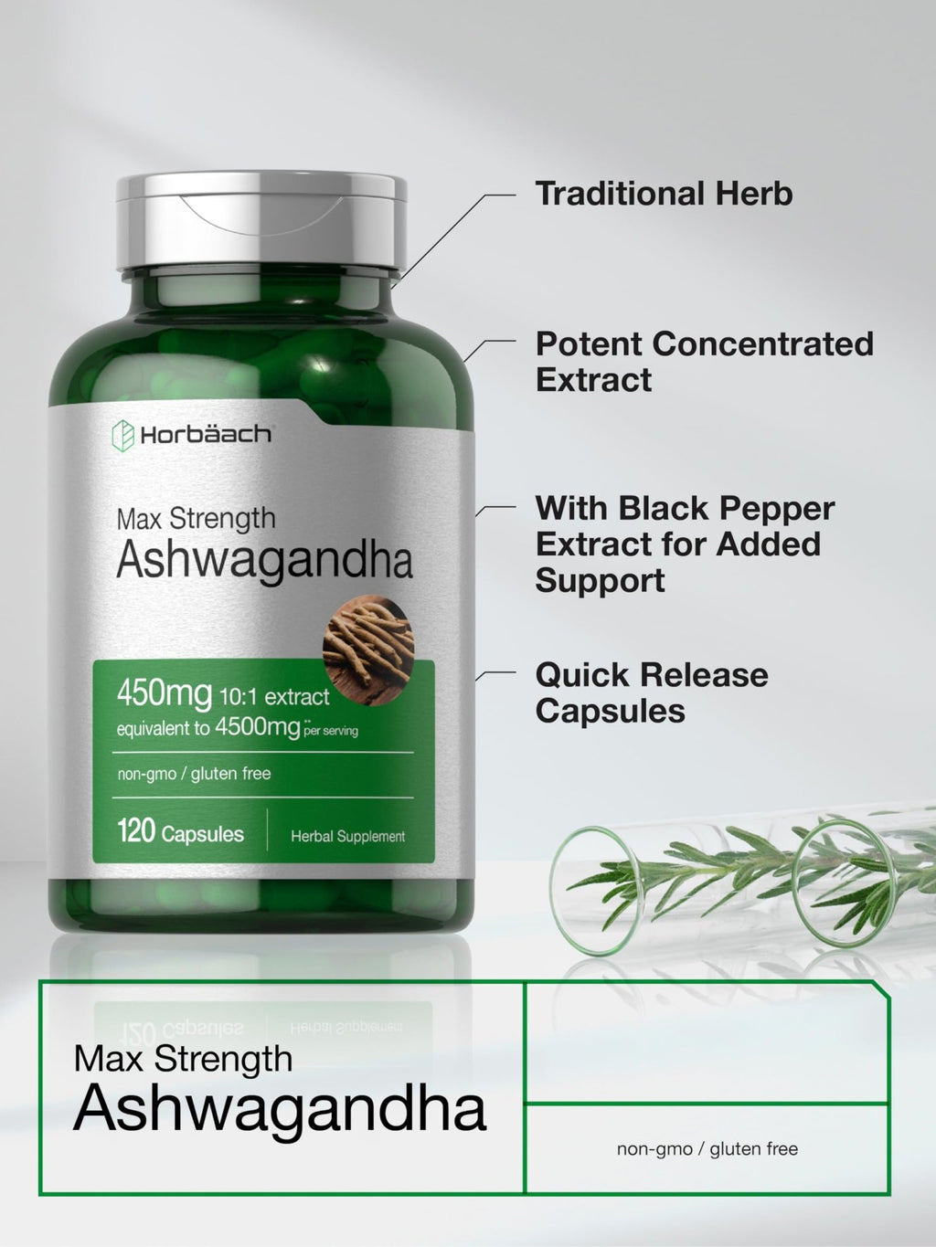 Horbäach Ashwagandha Supplement | Max Strength | 120 Capsules | Non-GMO, Gluten Free - FENGGESTORE20