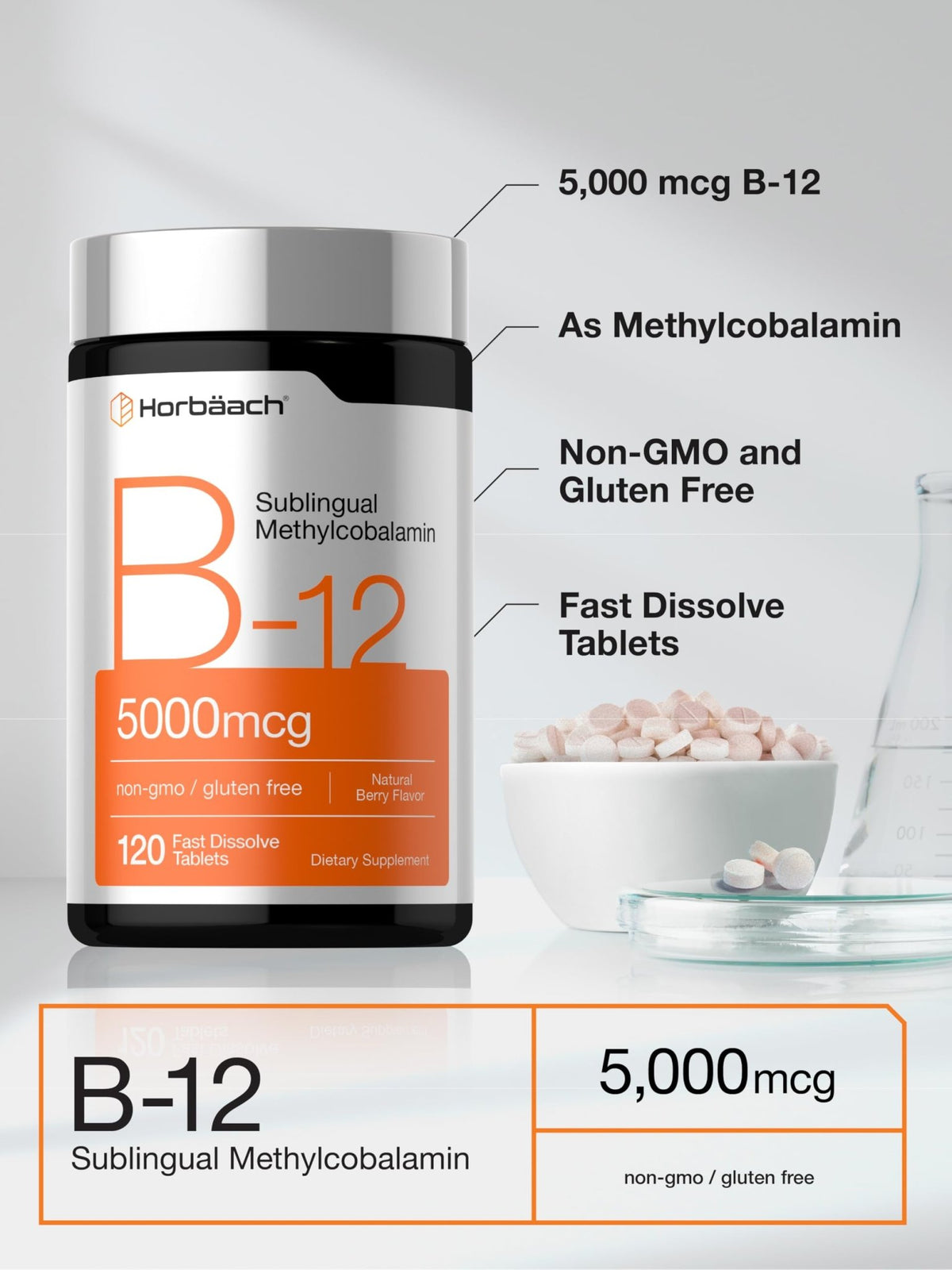 Horbäach B12 Vitamin 5000 mcg | 120 Fast Dissolve Tablets | Sublingual Methylcobalamin | Natural Berry Flavor | Vegan, Non-GMO - FENGGESTORE20