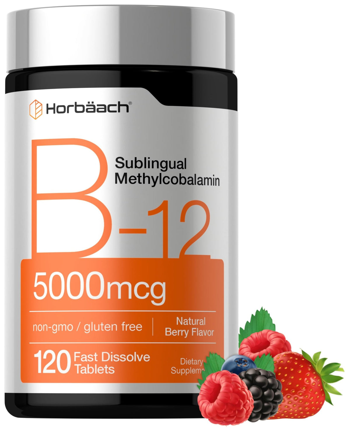 Horbäach B12 Vitamin 5000 mcg | 120 Fast Dissolve Tablets | Sublingual Methylcobalamin | Natural Berry Flavor | Vegan, Non-GMO - FENGGESTORE20