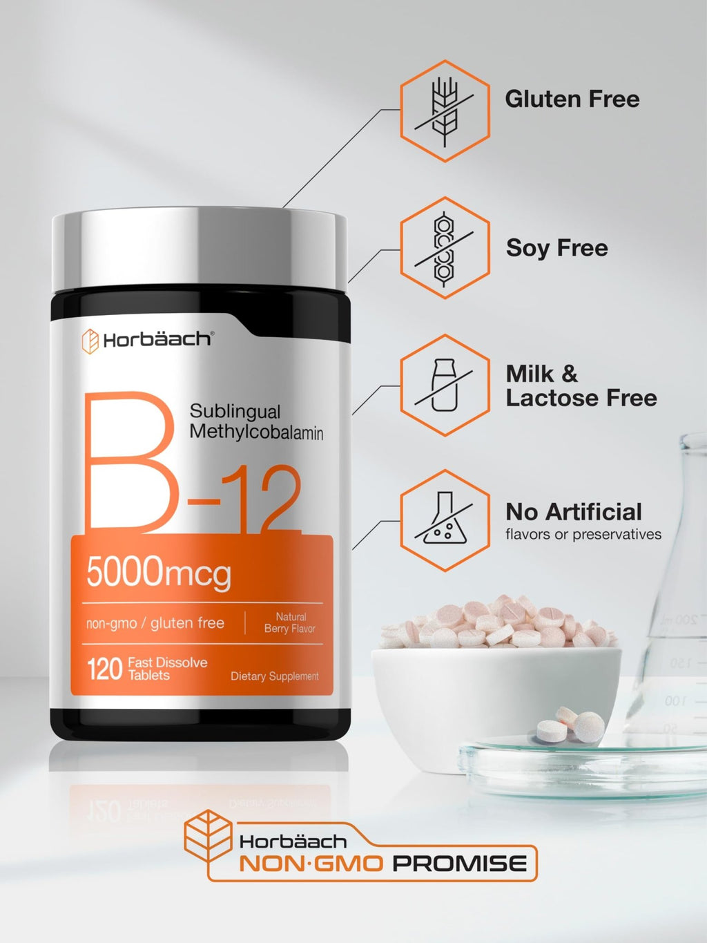 Horbäach B12 Vitamin 5000 mcg | 120 Fast Dissolve Tablets | Sublingual Methylcobalamin | Natural Berry Flavor | Vegan, Non-GMO - FENGGESTORE20
