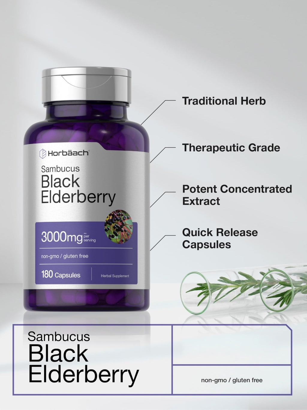 Horbäach Black Elderberry | 180 Count | Non-GMO, Gluten Free | Sambucus Extract Supplement - FENGGESTORE20