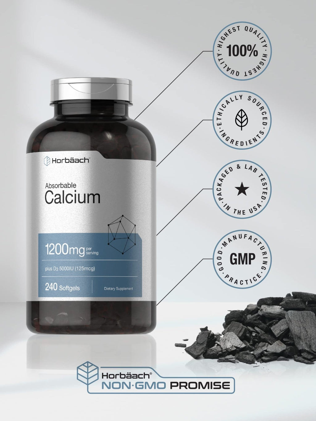 Horbäach Calcium 1200 mg with Vitamin D3 | 240 Softgels | 5000 IU Vitamin D3 | Absorbable Calcium Supplement for Women and Men - FENGGESTORE20
