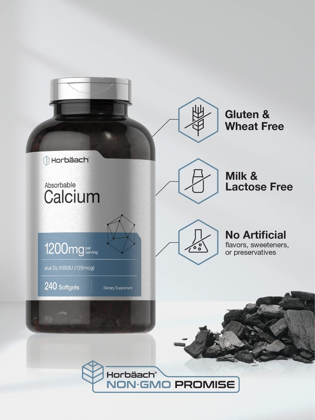 Horbäach Calcium 1200 mg with Vitamin D3 | 240 Softgels | 5000 IU Vitamin D3 | Absorbable Calcium Supplement for Women and Men - FENGGESTORE20