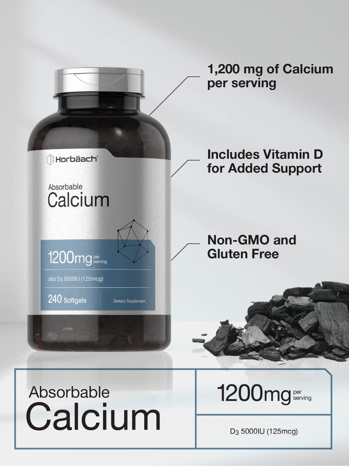 Horbäach Calcium 1200 mg with Vitamin D3 | 240 Softgels | 5000 IU Vitamin D3 | Absorbable Calcium Supplement for Women and Men - FENGGESTORE20