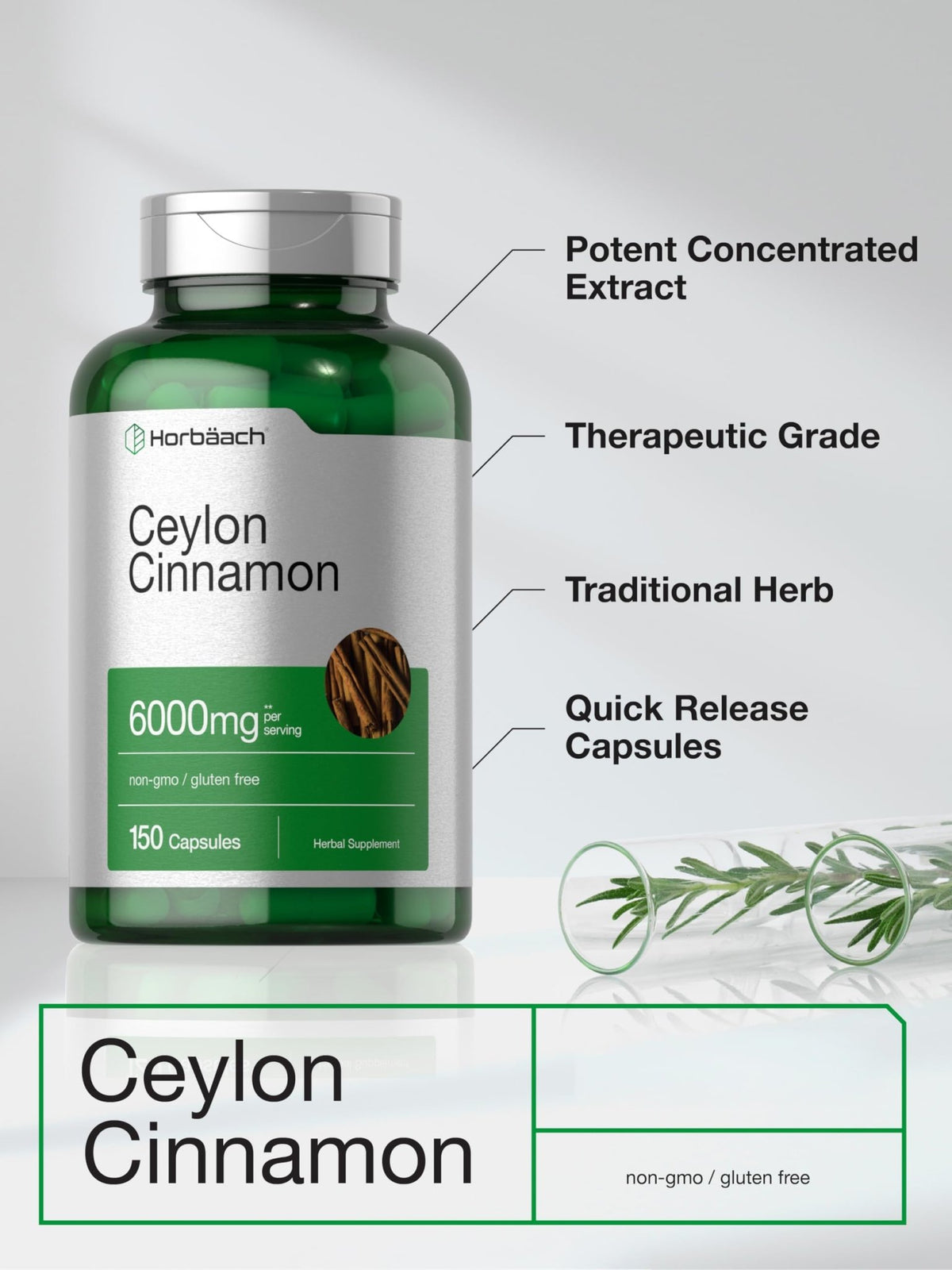 Horbäach Ceylon Cinnamon Supplement | 150 Capsules | Herbal Extract Pills | Non-GMO & Gluten Free - FENGGESTORE20