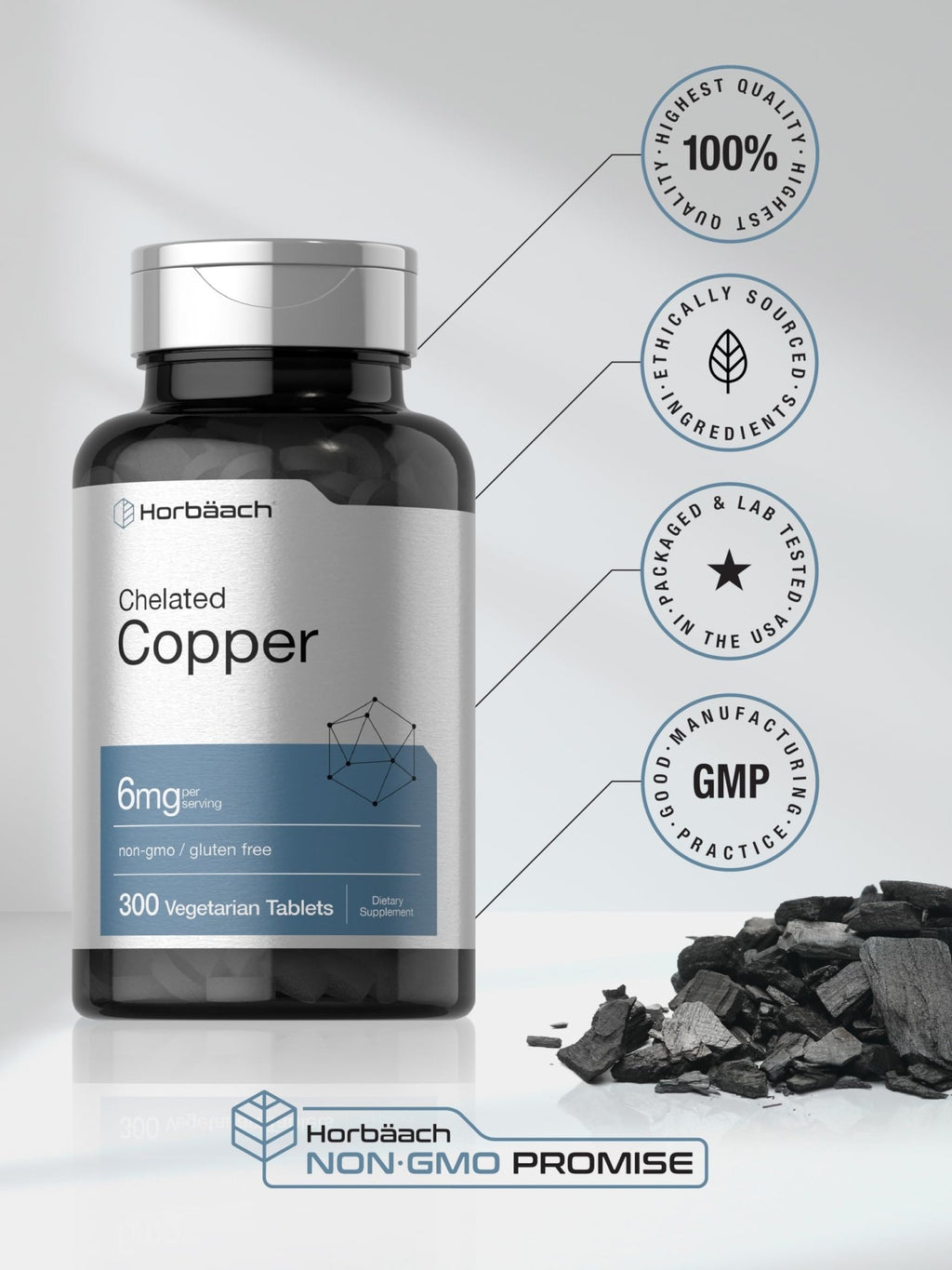 Horbäach Chelated Copper Supplement 6mg | 300 Tablets | Essential Trace Mineral | Vegetarian, Non-GMO, Gluten Free - FENGGESTORE20