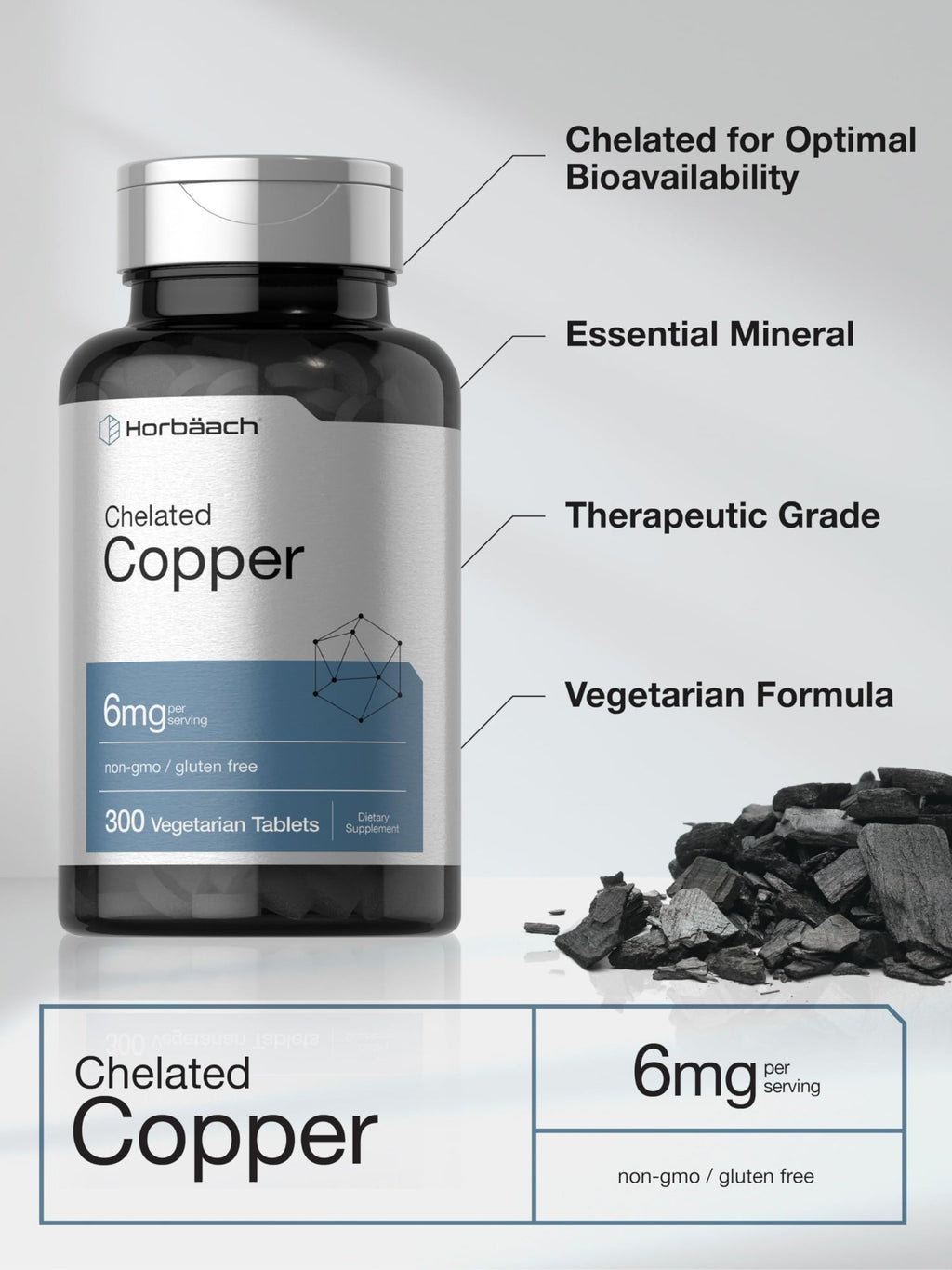 Horbäach Chelated Copper Supplement 6mg | 300 Tablets | Essential Trace Mineral | Vegetarian, Non-GMO, Gluten Free - FENGGESTORE20