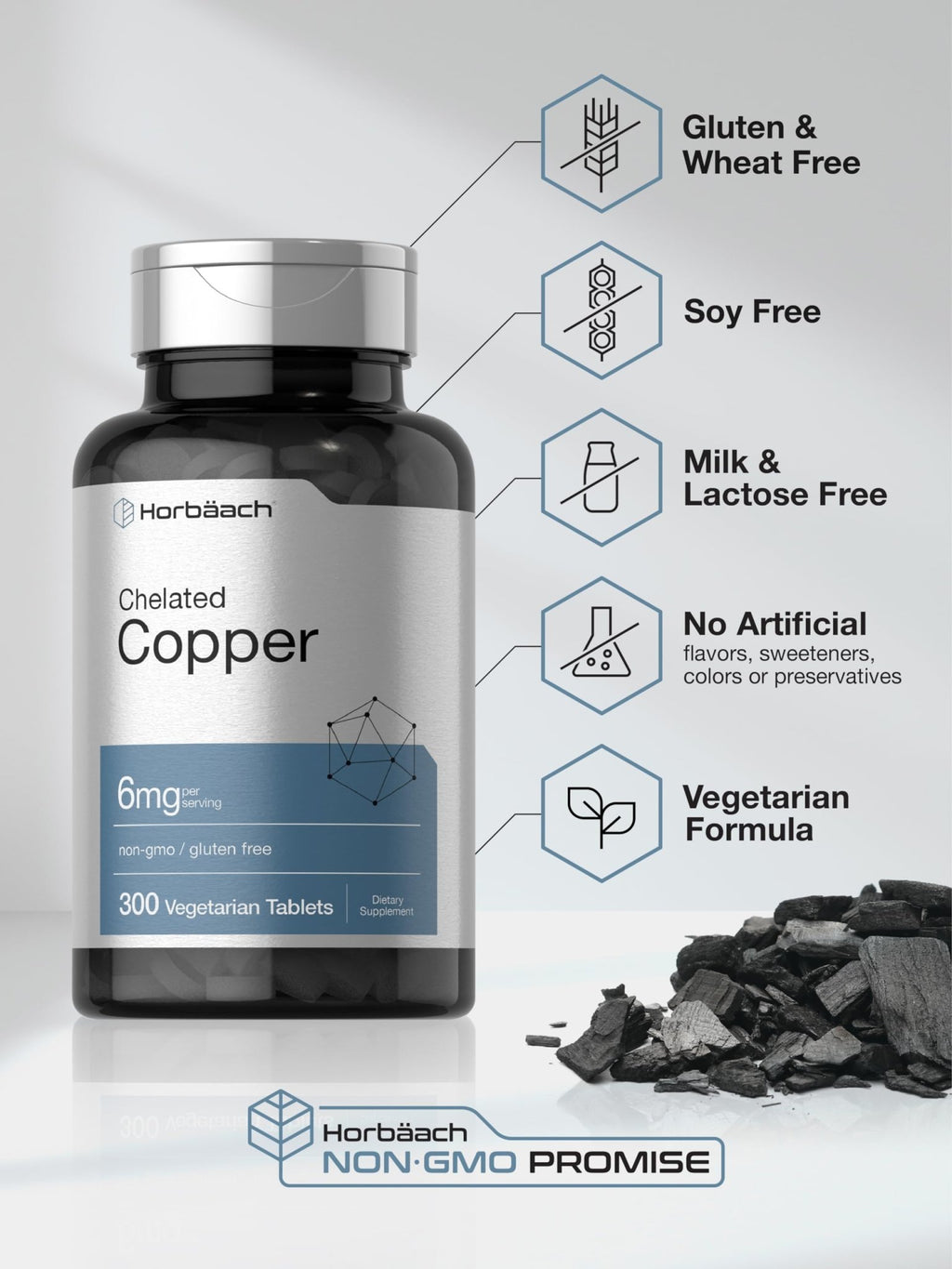 Horbäach Chelated Copper Supplement 6mg | 300 Tablets | Essential Trace Mineral | Vegetarian, Non-GMO, Gluten Free - FENGGESTORE20