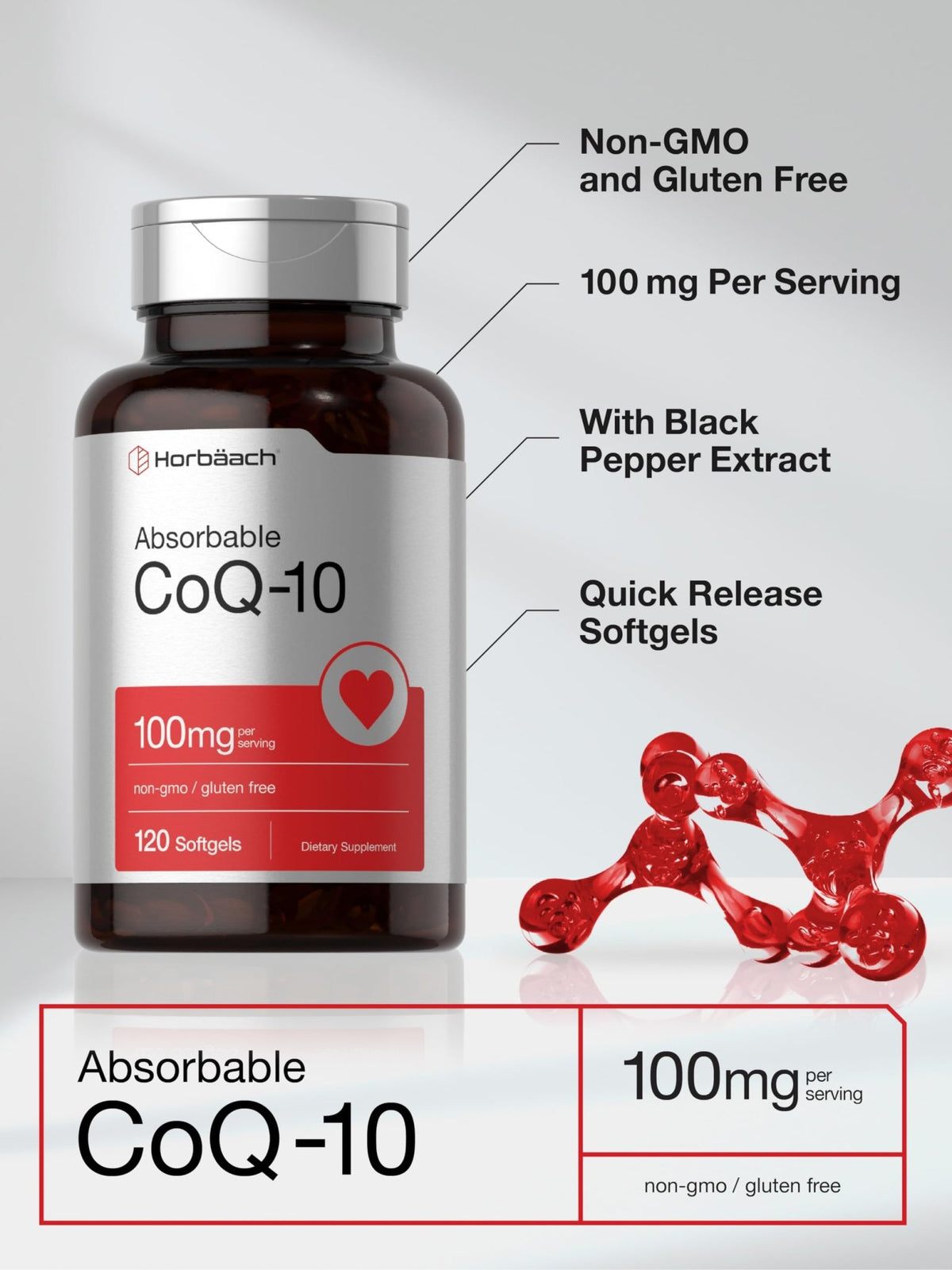 Horbäach CoQ10 100mg Softgels | 120 Count | Non-GMO and Gluten Free Supplement - FENGGESTORE20