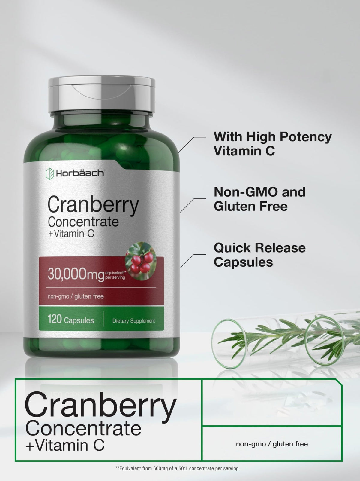Horbäach Cranberry Concentrate Extract Pills + Vitamin C | 120 Capsules | Supplement for Women and Men | Triple Strength Ultimate Potency Formula - FENGGESTORE20