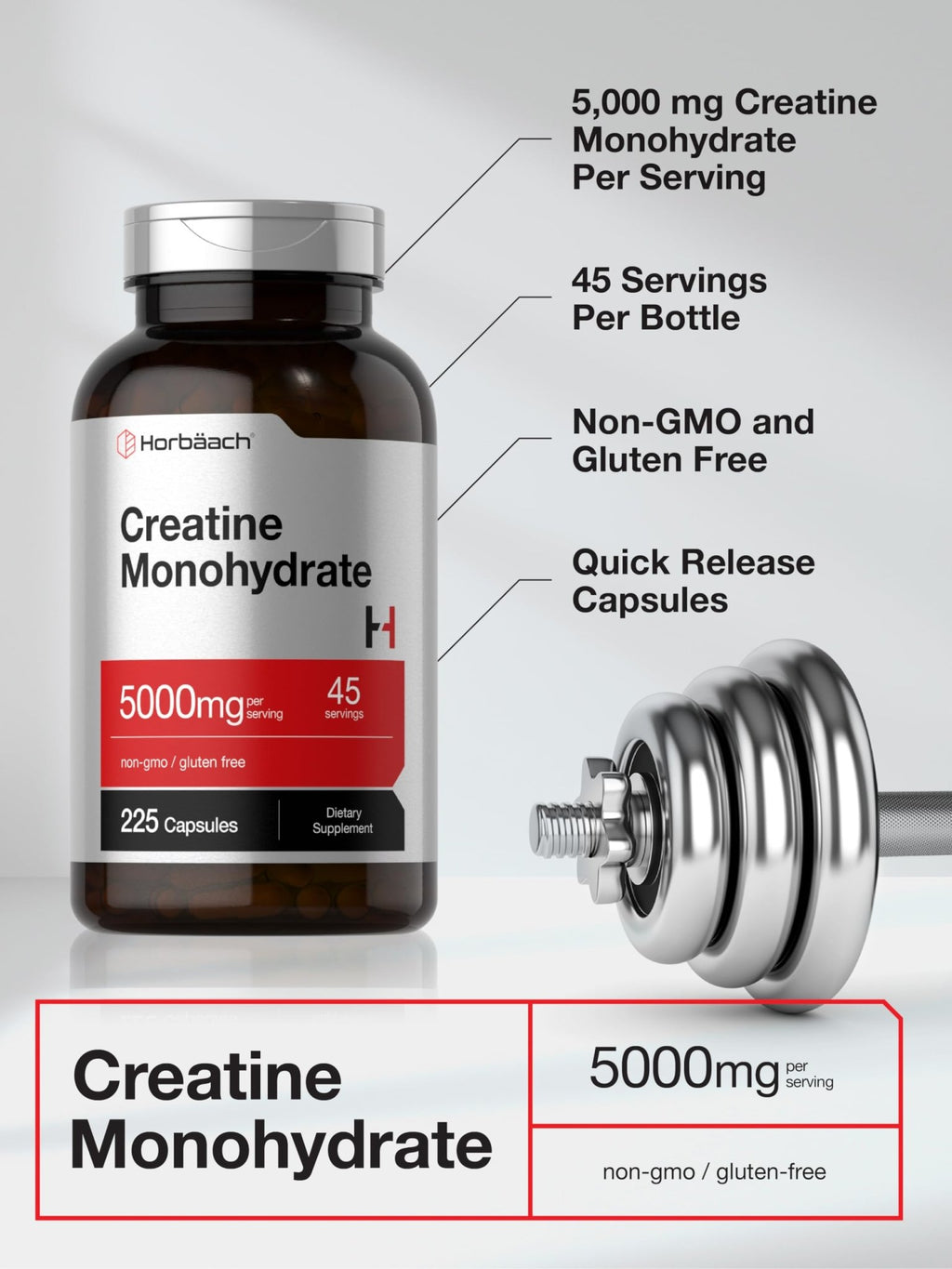 Horbäach Creatine Monohydrate | 5g | 225 Capsules | Non-GMO, Gluten Free Supplement - FENGGESTORE20