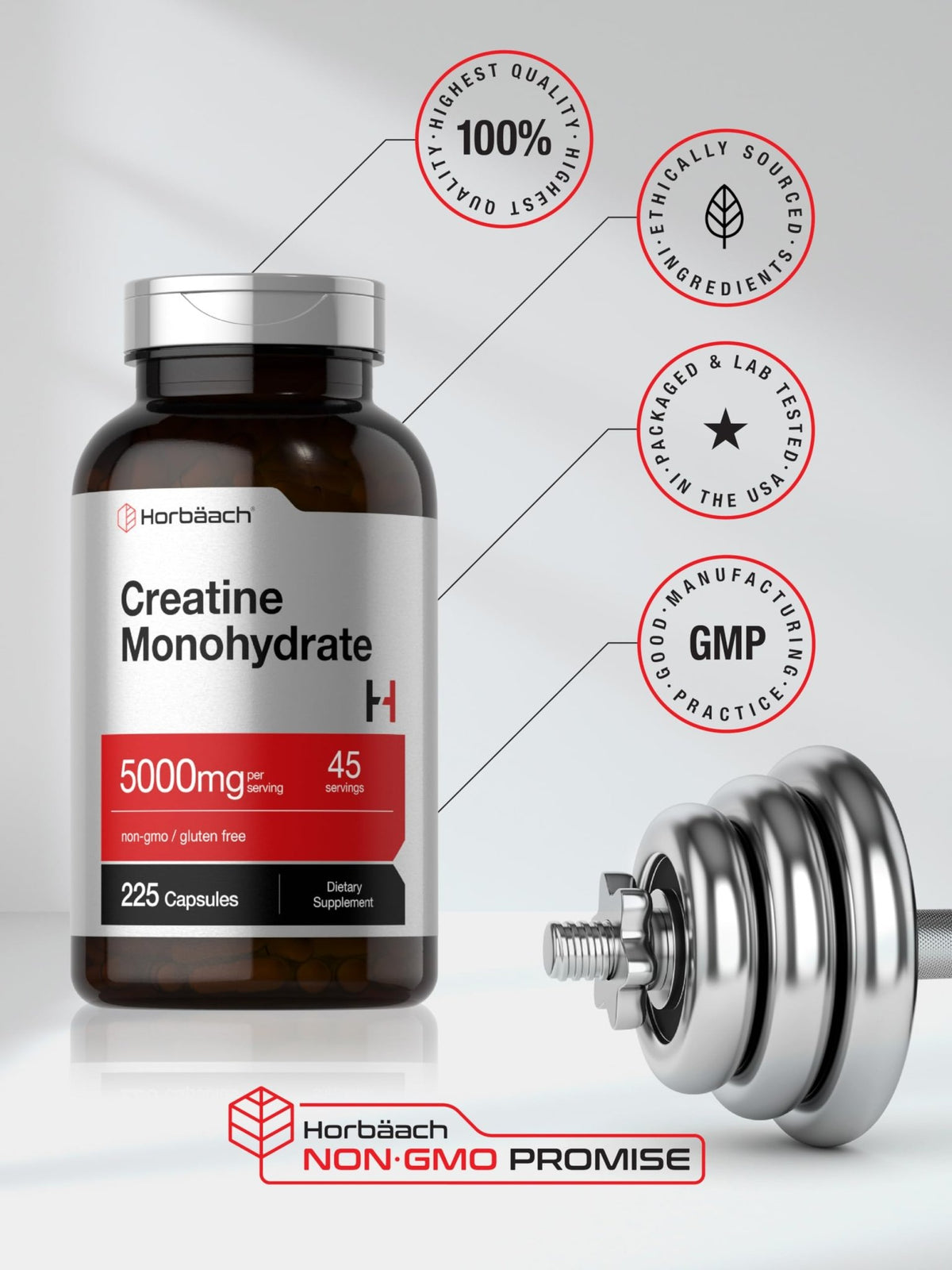 Horbäach Creatine Monohydrate | 5g | 225 Capsules | Non-GMO, Gluten Free Supplement - FENGGESTORE20