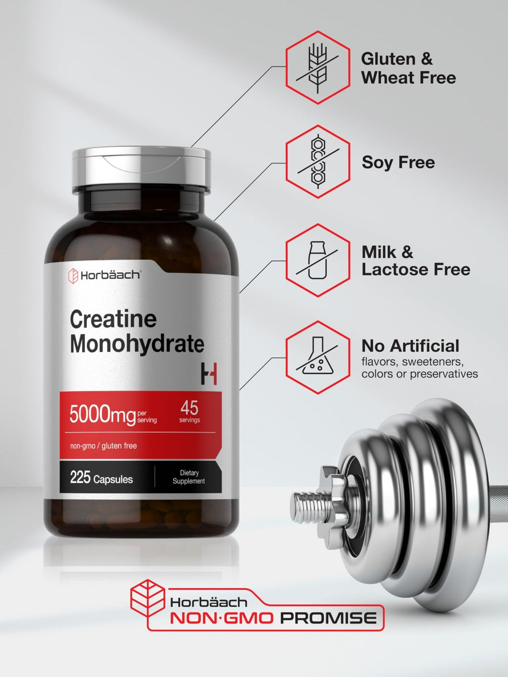 Horbäach Creatine Monohydrate | 5g | 225 Capsules | Non-GMO, Gluten Free Supplement - FENGGESTORE20