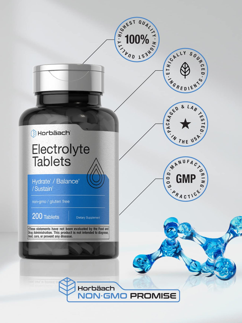 Horbäach Electrolyte Tablets | 200 Count | Helps Hydrate, Balance, & Sustain | with Calcium, Magnesium, Chloride, Sodium and Potassium | Vegetarian, Non-GMO & Gluten Free - FENGGESTORE20