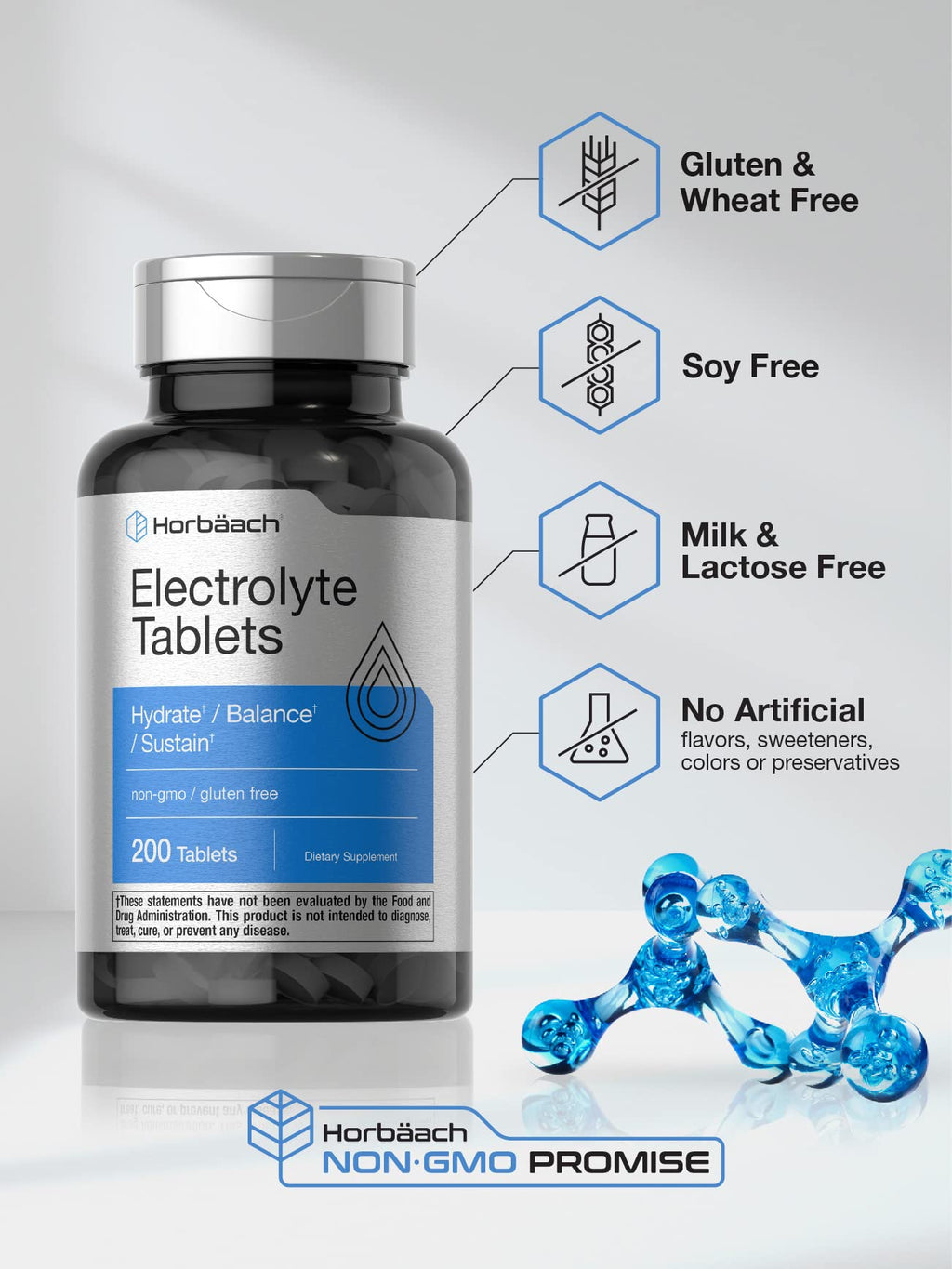 Horbäach Electrolyte Tablets | 200 Count | Helps Hydrate, Balance, & Sustain | with Calcium, Magnesium, Chloride, Sodium and Potassium | Vegetarian, Non-GMO & Gluten Free - FENGGESTORE20