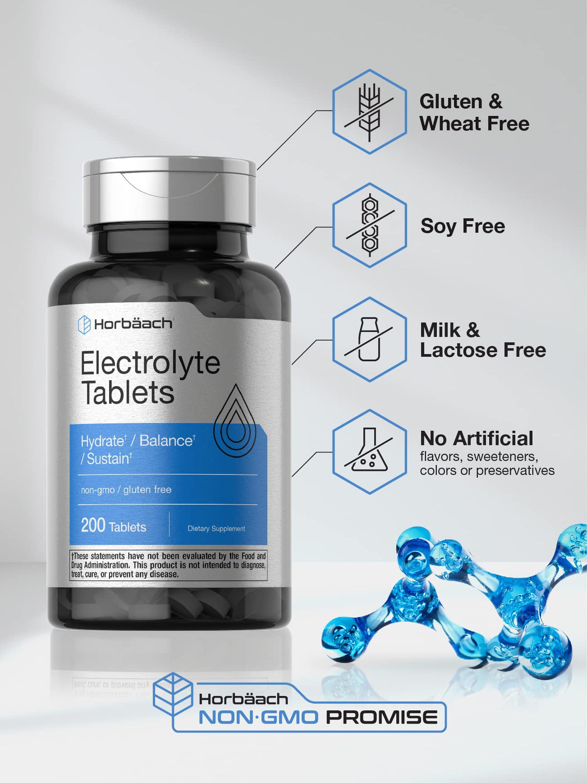 Horbäach Electrolyte Tablets | 200 Count | Helps Hydrate, Balance, & Sustain | with Calcium, Magnesium, Chloride, Sodium and Potassium | Vegetarian, Non-GMO & Gluten Free - FENGGESTORE20