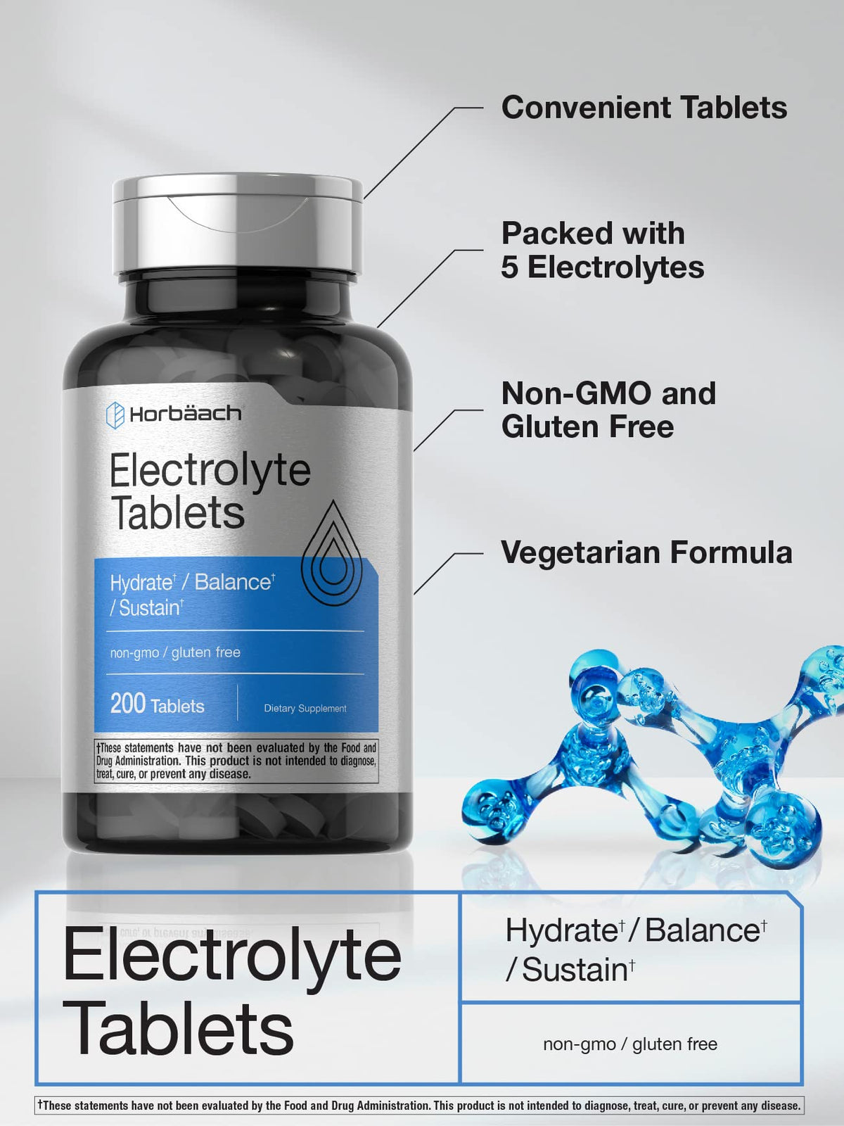 Horbäach Electrolyte Tablets | 200 Count | Helps Hydrate, Balance, & Sustain | with Calcium, Magnesium, Chloride, Sodium and Potassium | Vegetarian, Non-GMO & Gluten Free - FENGGESTORE20