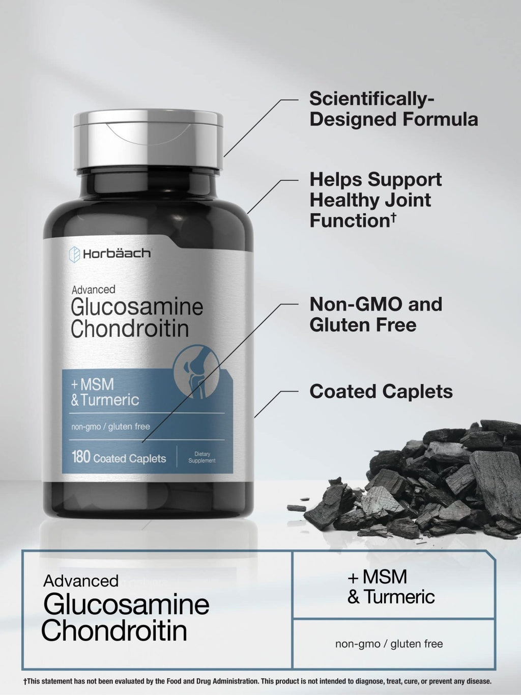 Horbäach Glucosamine Chondroitin | Plus MSM & Turmeric | 180 Coated Caplets | Non-GMO, Gluten Free Supplement - FENGGESTORE20