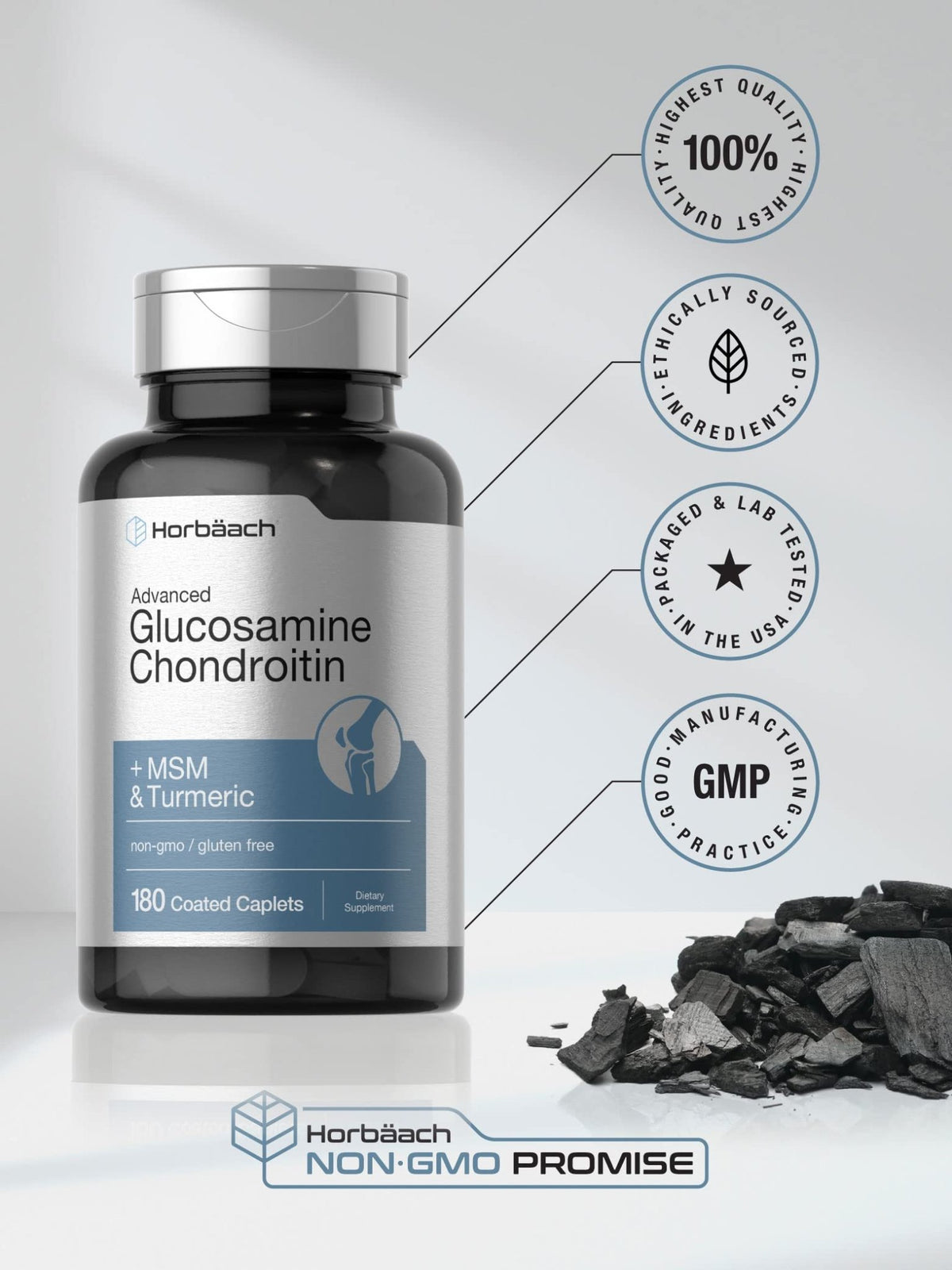 Horbäach Glucosamine Chondroitin | Plus MSM & Turmeric | 180 Coated Caplets | Non-GMO, Gluten Free Supplement - FENGGESTORE20