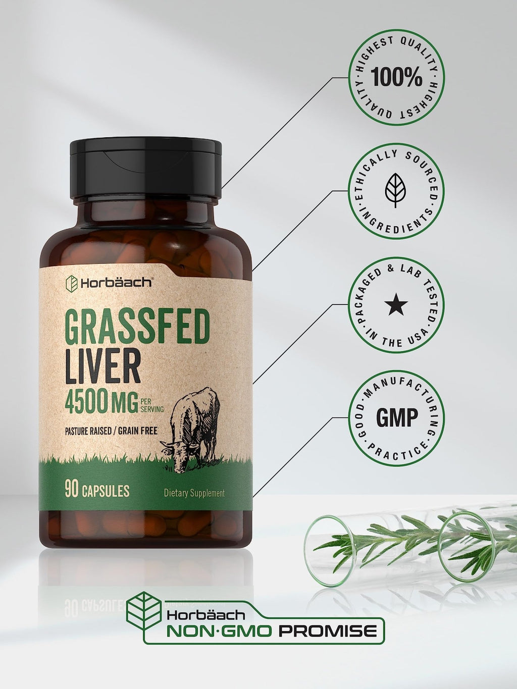Horbäach Grass Fed Beef Liver | 4500mg | 90 Capsules | Desiccated, Pasture Raised, Grain Free, Non-GMO Supplement - FENGGESTORE20