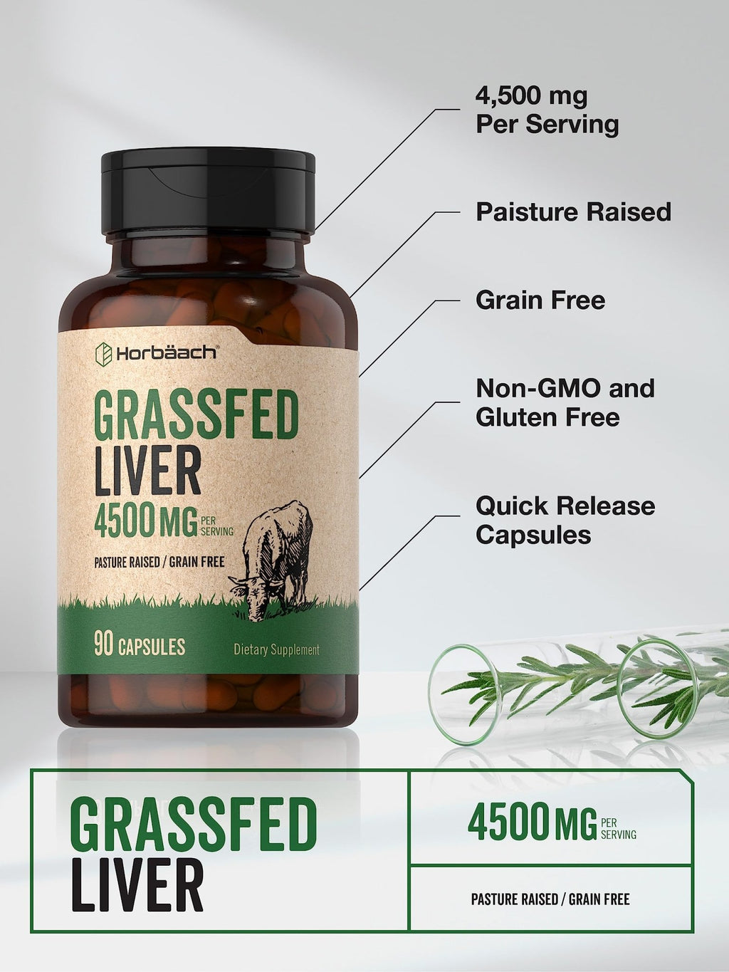Horbäach Grass Fed Beef Liver | 4500mg | 90 Capsules | Desiccated, Pasture Raised, Grain Free, Non-GMO Supplement - FENGGESTORE20