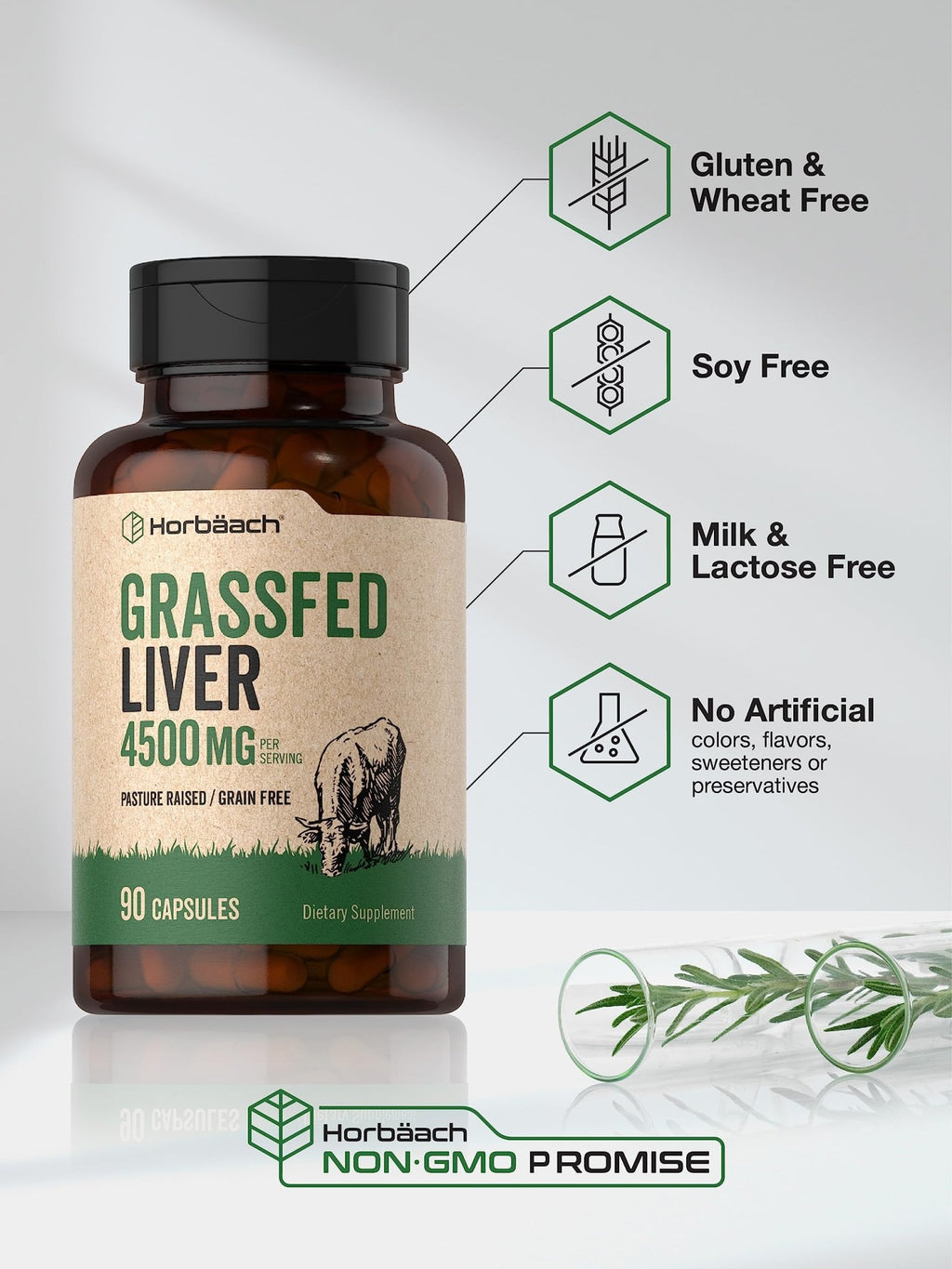 Horbäach Grass Fed Beef Liver | 4500mg | 90 Capsules | Desiccated, Pasture Raised, Grain Free, Non-GMO Supplement - FENGGESTORE20