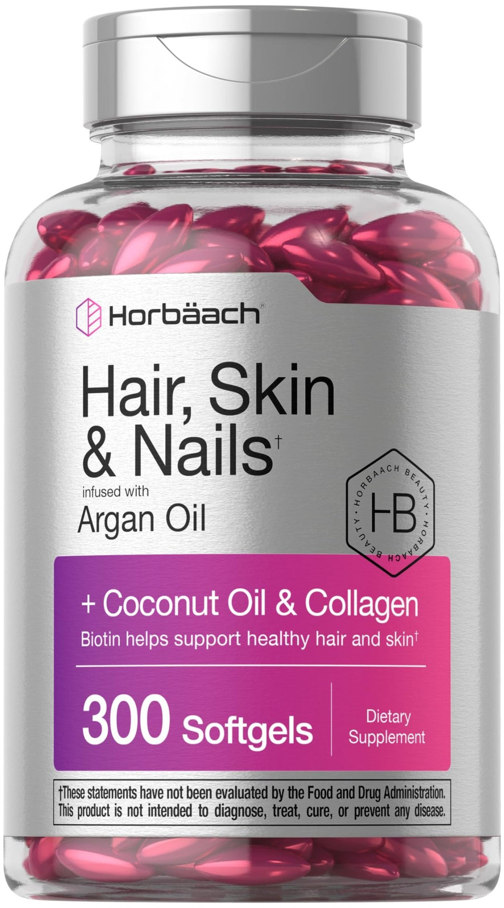 Horbäach Hair Skin and Nails Vitamins | 300 Softgels | with Biotin and Collagen | Infused with Argan Oil and Coconut Oil - FENGGESTORE20