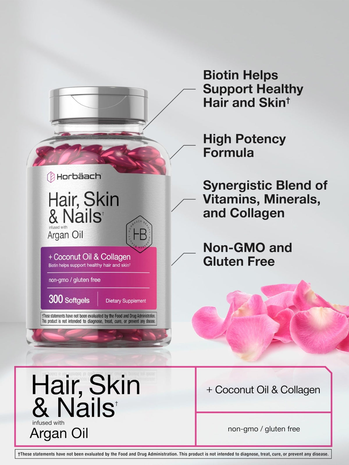 Horbäach Hair Skin and Nails Vitamins | 300 Softgels | with Biotin and Collagen | Infused with Argan Oil and Coconut Oil - FENGGESTORE20