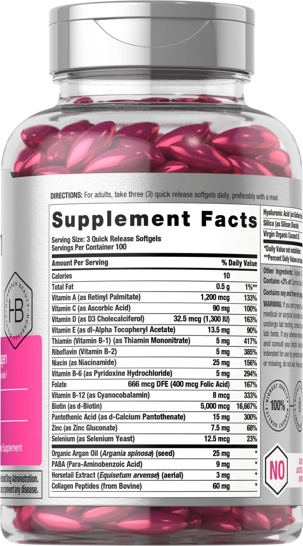 Horbäach Hair Skin and Nails Vitamins | 300 Softgels | with Biotin and Collagen | Infused with Argan Oil and Coconut Oil - FENGGESTORE20