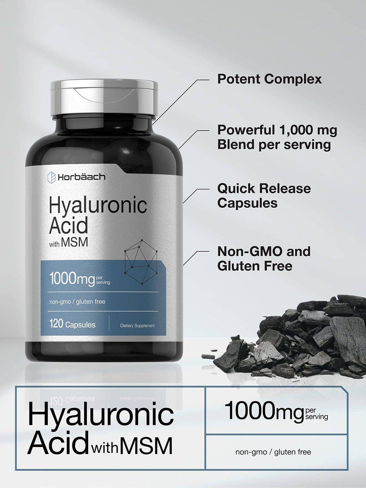 Horbäach Hyaluronic Acid with MSM | 1000 mg | 120 Capsules | Non-GMO and Gluten Free Supplement | Bioavailable Formula - FENGGESTORE20