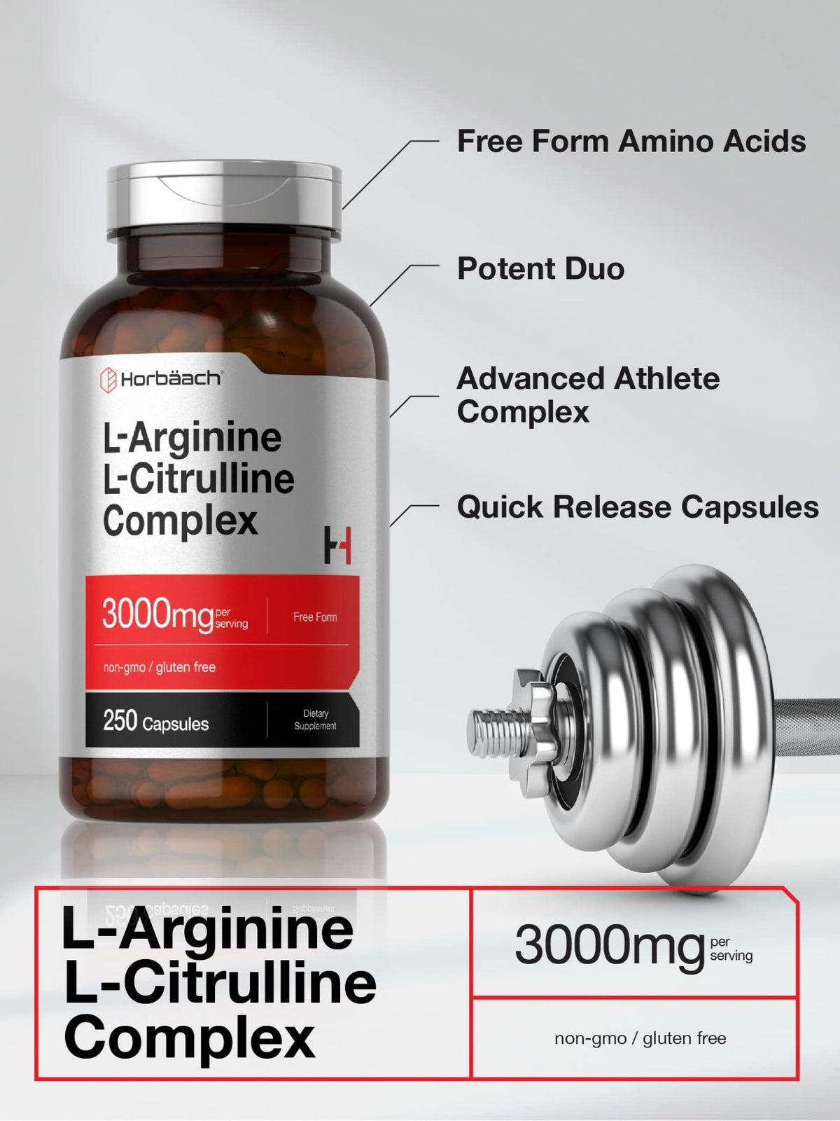 Horbäach L-Arginine L-Citrulline Complex | 3000mg | 250 Capsules | Non-GMO, Gluten Free Supplement - FENGGESTORE20