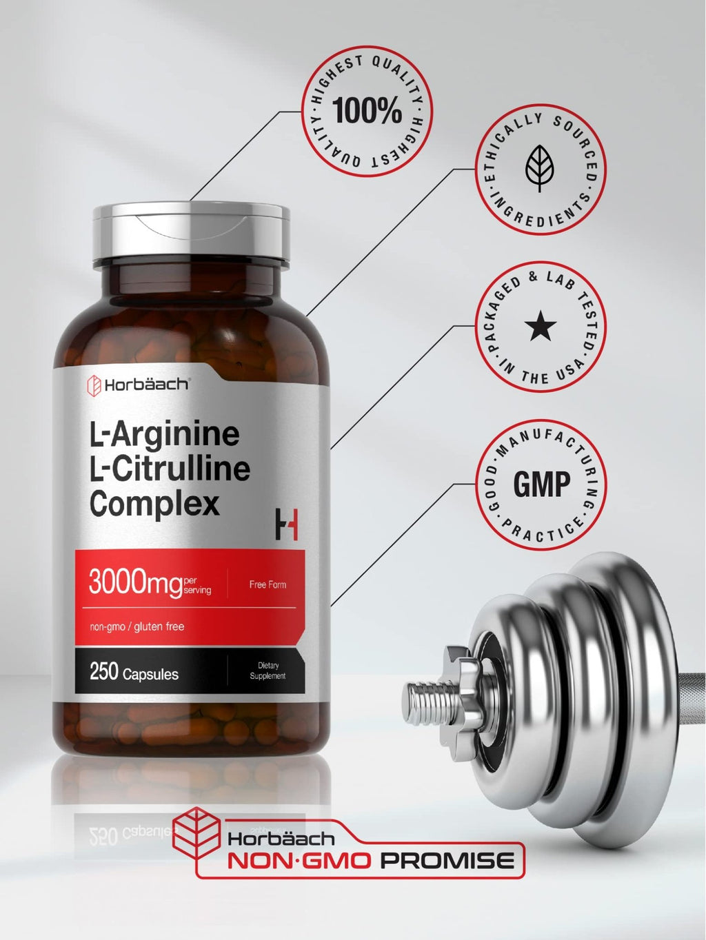 Horbäach L-Arginine L-Citrulline Complex | 3000mg | 250 Capsules | Non-GMO, Gluten Free Supplement - FENGGESTORE20