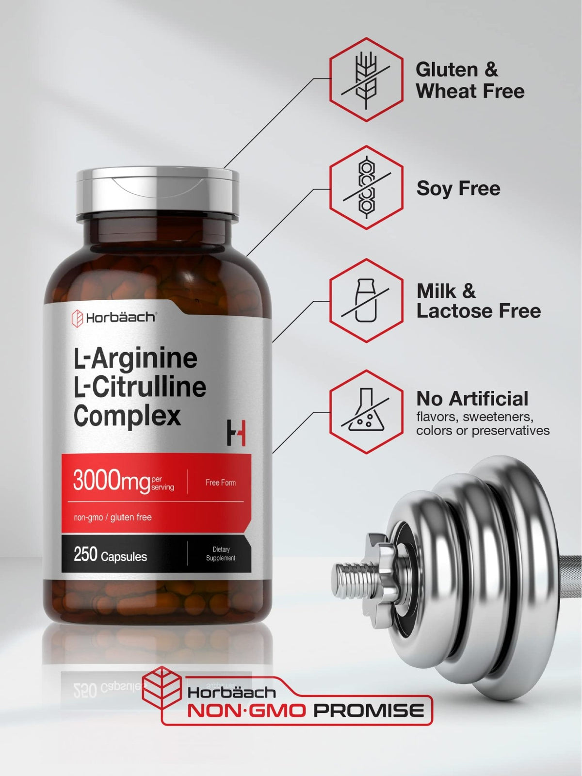Horbäach L-Arginine L-Citrulline Complex | 3000mg | 250 Capsules | Non-GMO, Gluten Free Supplement - FENGGESTORE20