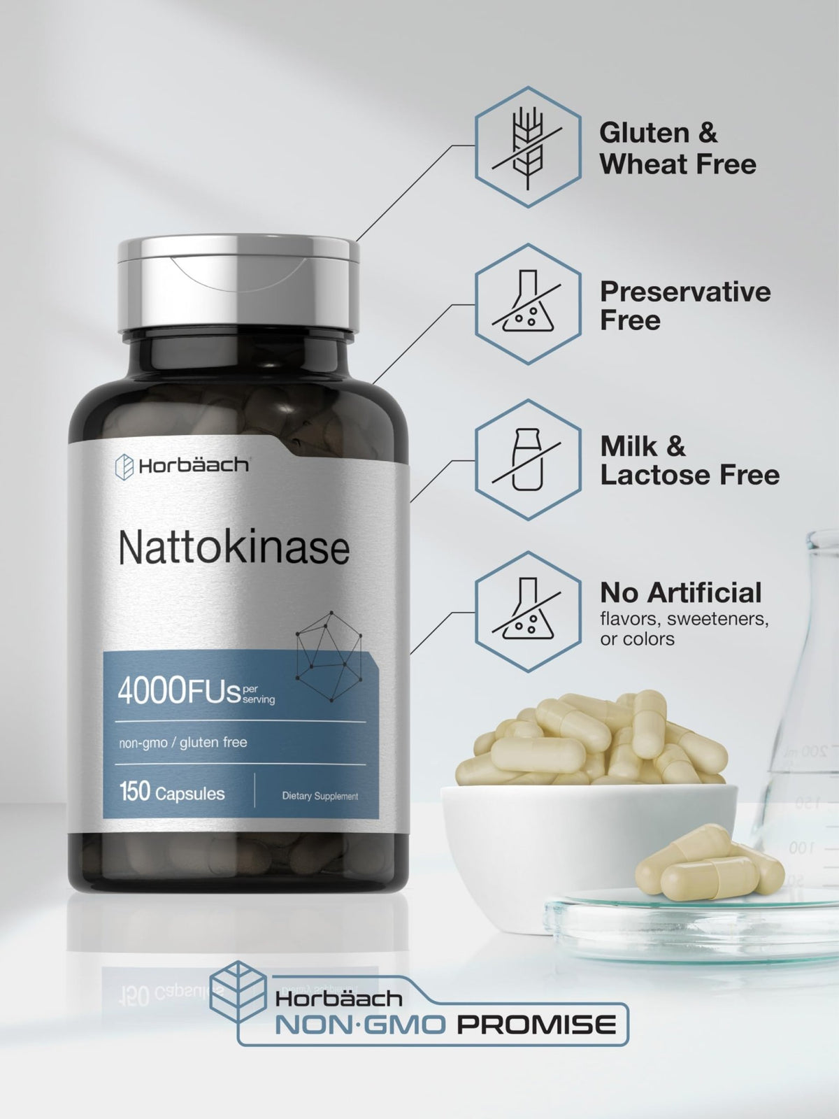 Horbäach Nattokinase Supplement 4000 FU | 150 Capsules | Non-GMO, Gluten Free - FENGGESTORE20