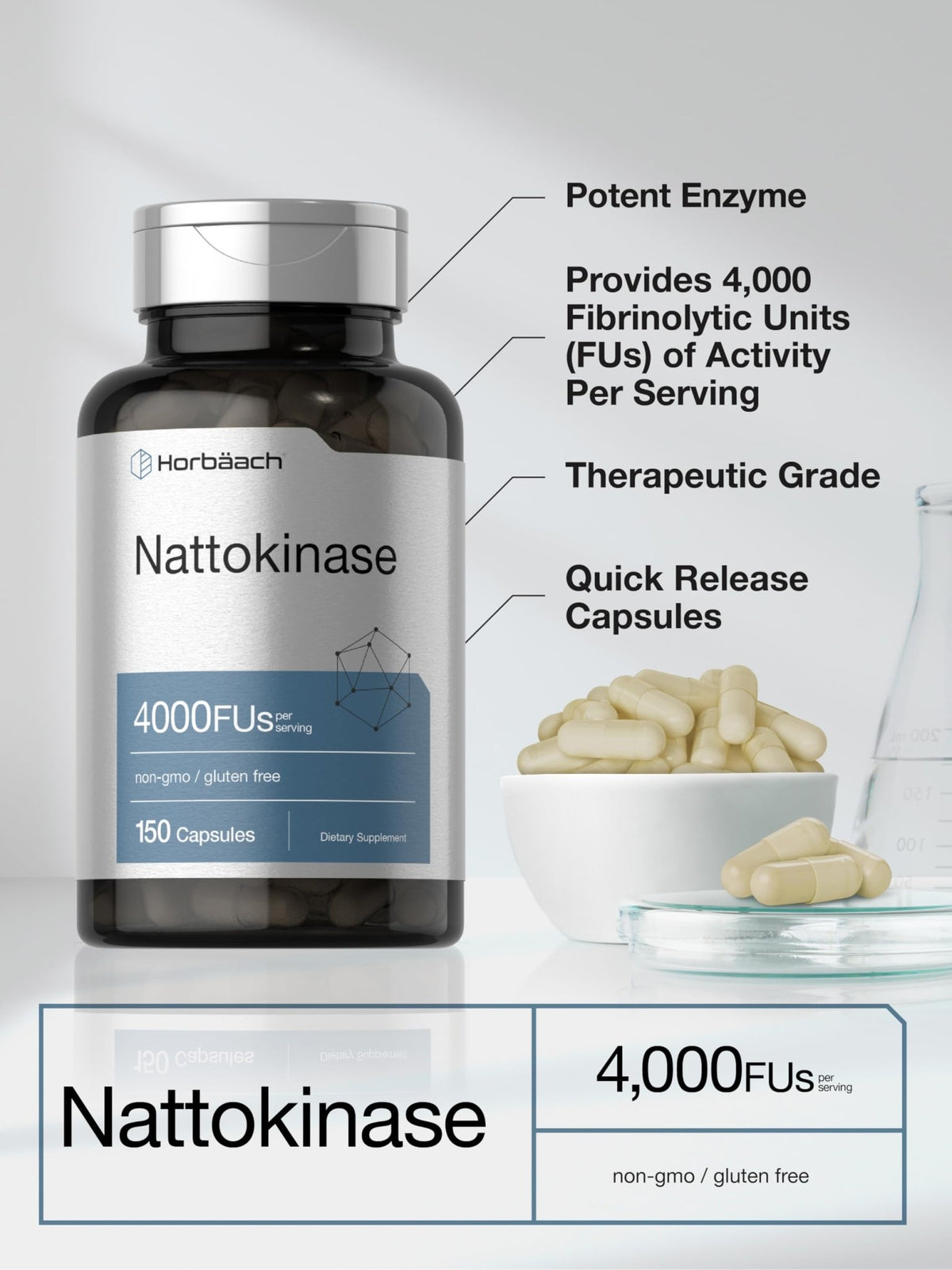 Horbäach Nattokinase Supplement 4000 FU | 150 Capsules | Non-GMO, Gluten Free - FENGGESTORE20