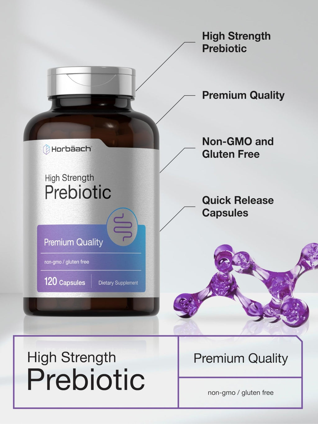 Horbäach Prebiotic for Men and Women | 120 Powder Pills | High Strength & Premium Quality Supplement | Non-GMO & Gluten Free - FENGGESTORE20