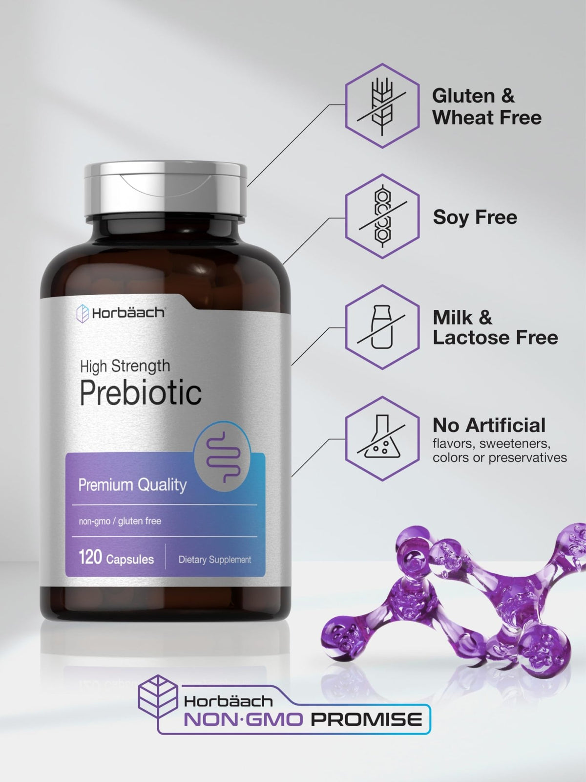 Horbäach Prebiotic for Men and Women | 120 Powder Pills | High Strength & Premium Quality Supplement | Non-GMO & Gluten Free - FENGGESTORE20