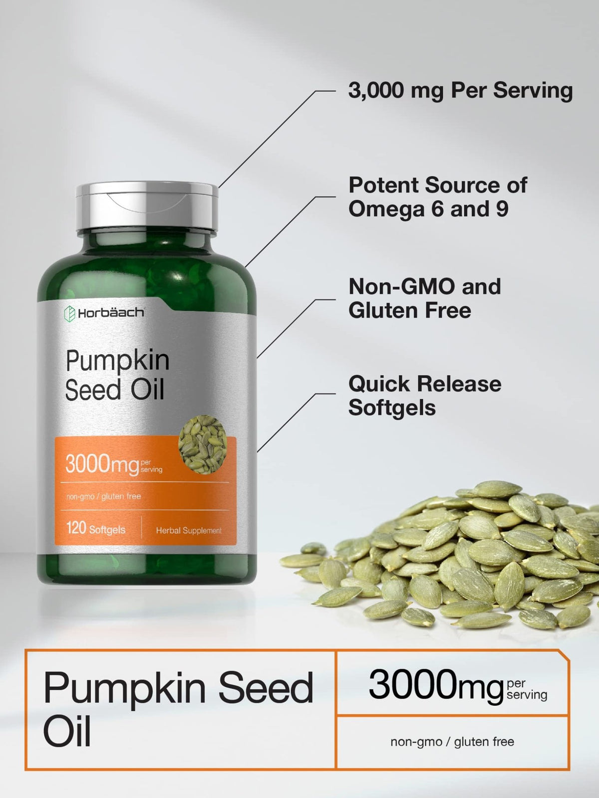 Horbäach Pumpkin Seed Oil | 3000mg | 120 Softgel Capsules | Cold Pressed Dietary Supplement | Non-GMO and Gluten Free Formula - FENGGESTORE20