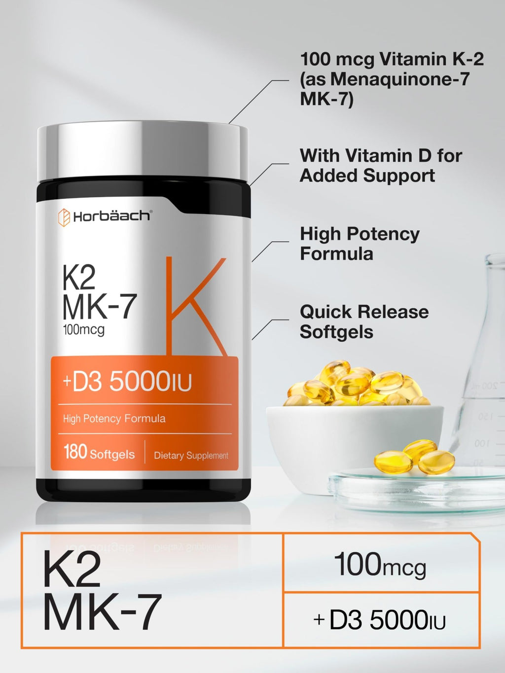 Horbäach Vitamin D3 K2 5000 iu | 100mcg MK-7 Complex | 180 Softgel Capsules | Non-GMO & Gluten Free Supplement - FENGGESTORE20