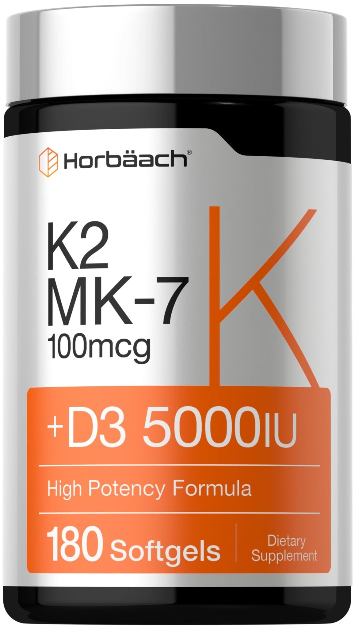 Horbäach Vitamin D3 K2 5000 iu | 100mcg MK-7 Complex | 180 Softgel Capsules | Non-GMO & Gluten Free Supplement - FENGGESTORE20