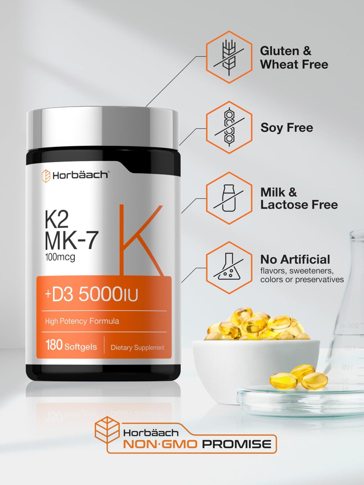 Horbäach Vitamin D3 K2 5000 iu | 100mcg MK-7 Complex | 180 Softgel Capsules | Non-GMO & Gluten Free Supplement - FENGGESTORE20