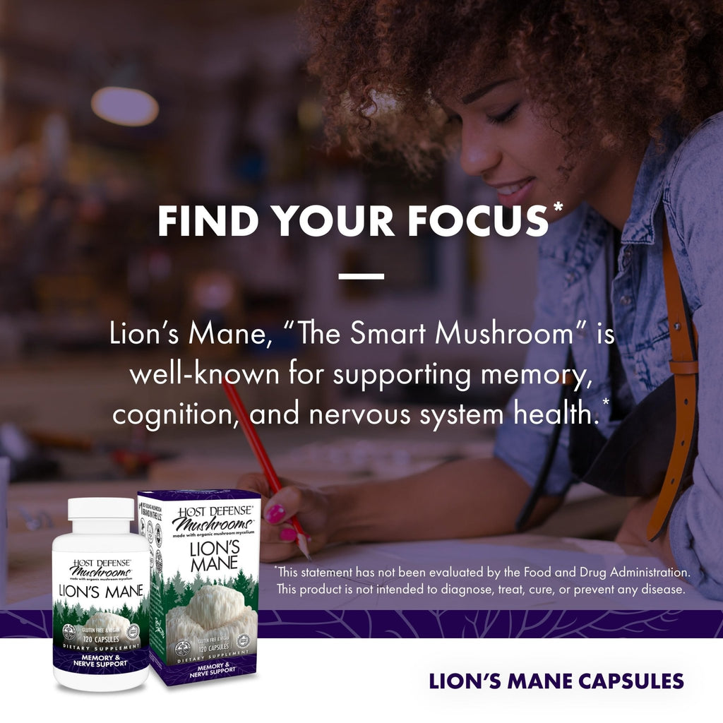 Host Defense Mushrooms Lion's Mane - Supplement Capsules for Brain Health Support - Mushroom Support for Focus & Memory Function - FENGGESTORE20