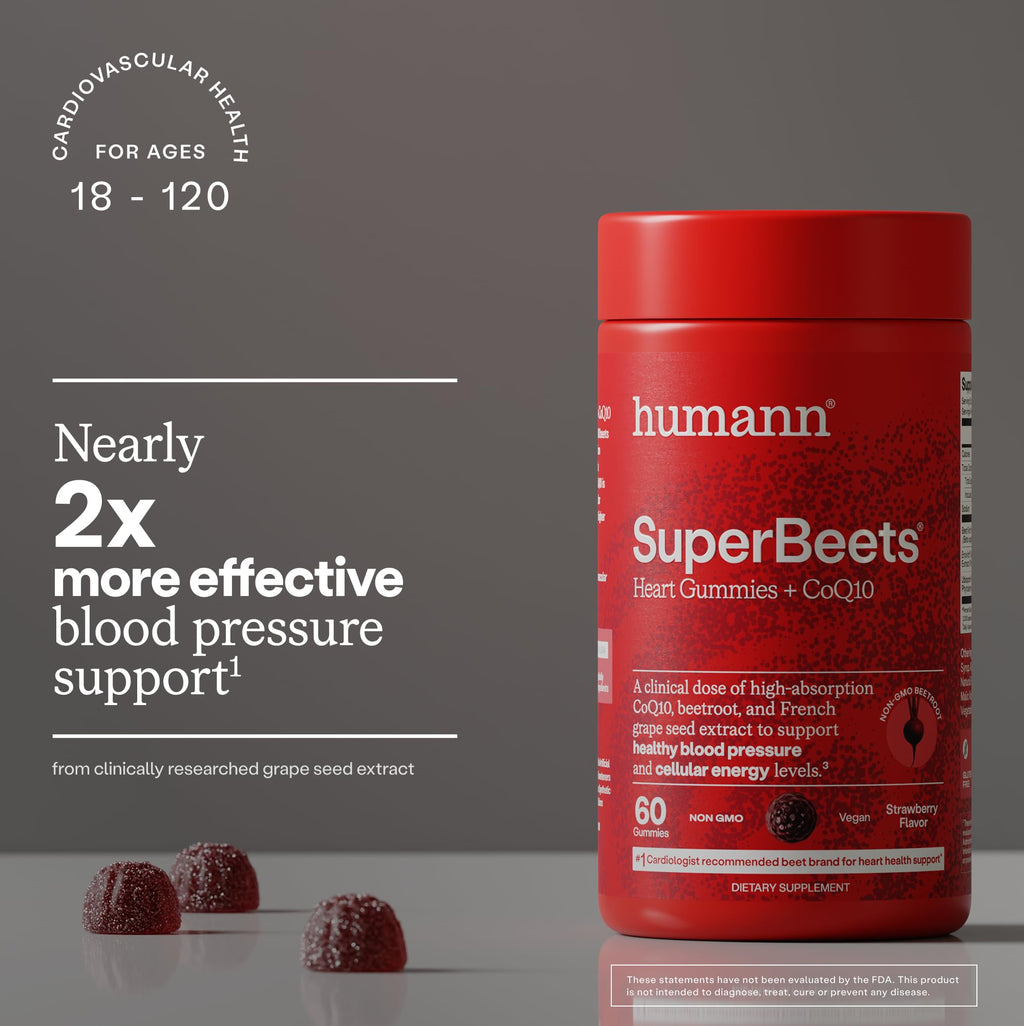 Humann SuperBeets 3-in-1 Heart Gummies - 3x Absorption CoQ10 - Plus Beetroot Extract & Grape Seed Extract for Advanced Heart Health, Cellular Energy & Circulation Support - FENGGESTORE20