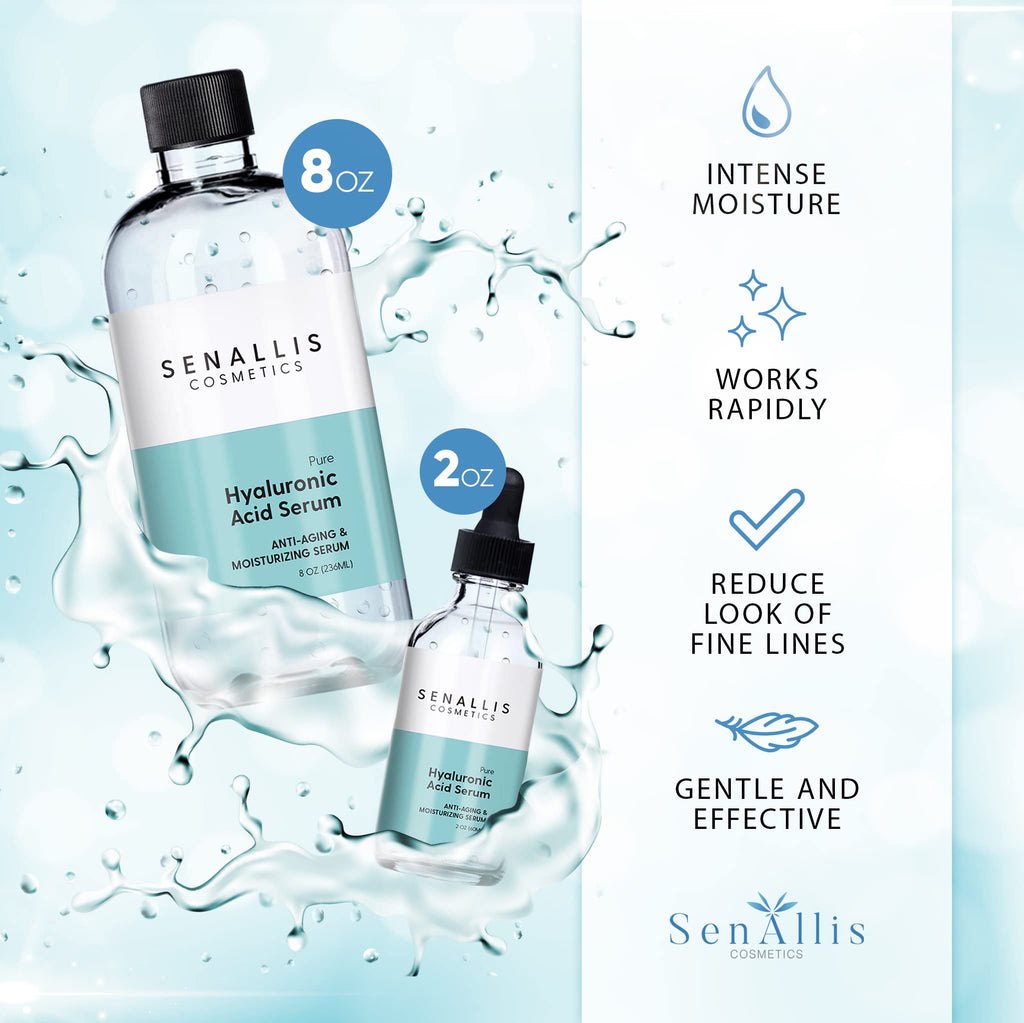 Hyaluronic Acid Serum 8 fl oz And 2 fl oz, Made From Pure Hyaluronic Acid, Anti Aging/Wrinkle, Ultra-Hydrating Moisturizer - FENGGESTORE20