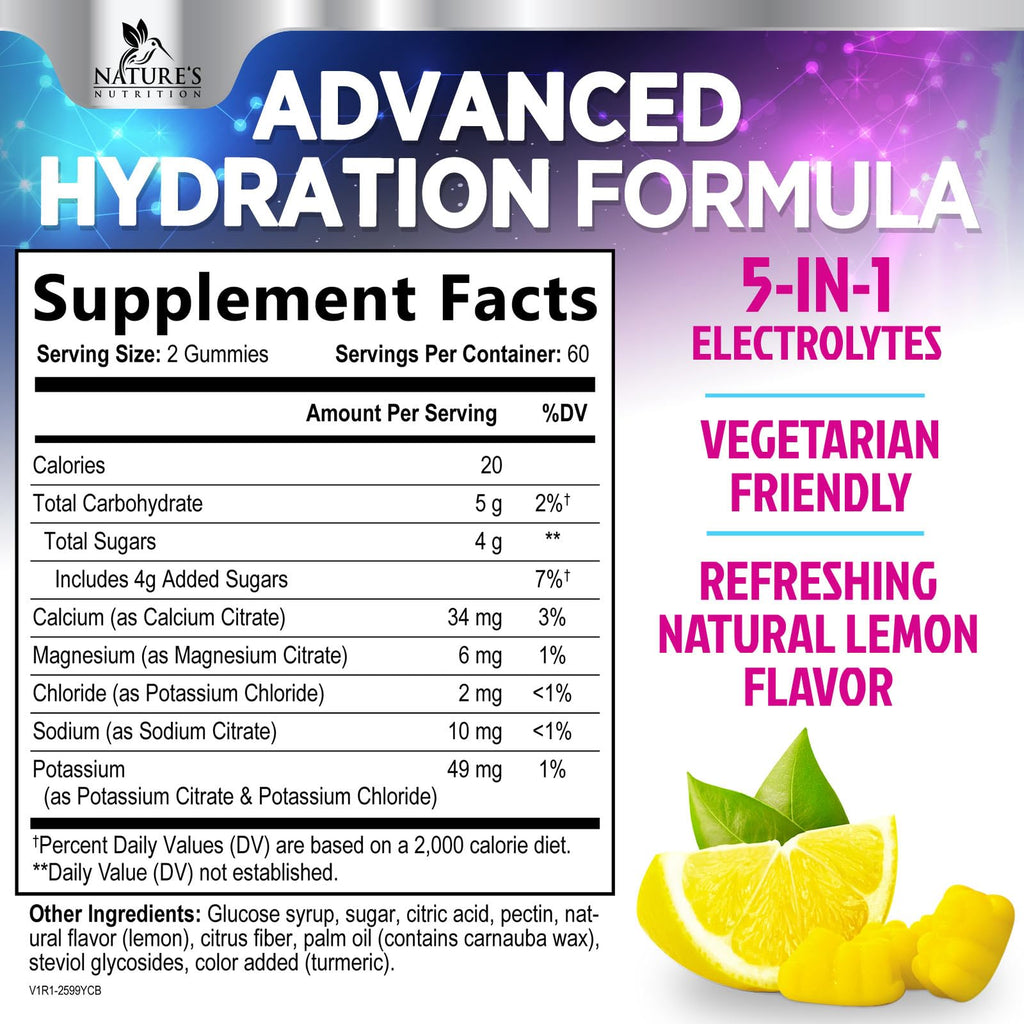 Hydration Electrolyte Gummies - Daily Liquid Replenisher Gummy - Electrolyte Multiplier with Minerals, Potassium & Real Salt - Vegan, Non-GMO - Tasty Lemon Flavor Hydration Electrolytes - FENGGESTORE20