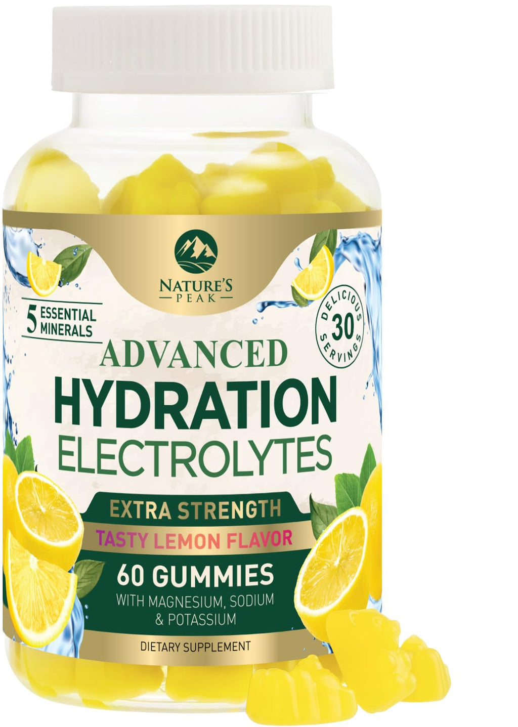 Hydration Electrolyte Gummies - Daily Liquid Replenisher Gummy - Electrolyte Multiplier with Minerals, Potassium & Real Salt - Vegan, Non-GMO - Tasty Lemon Flavor Hydration Electrolytes - 60 Gummies - FENGGESTORE20