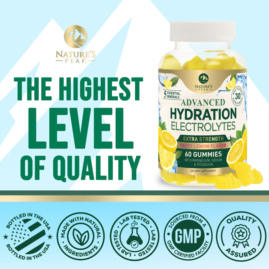 Hydration Electrolyte Gummies - Daily Liquid Replenisher Gummy - Electrolyte Multiplier with Minerals, Potassium & Real Salt - Vegan, Non-GMO - Tasty Lemon Flavor Hydration Electrolytes - 60 Gummies - FENGGESTORE20